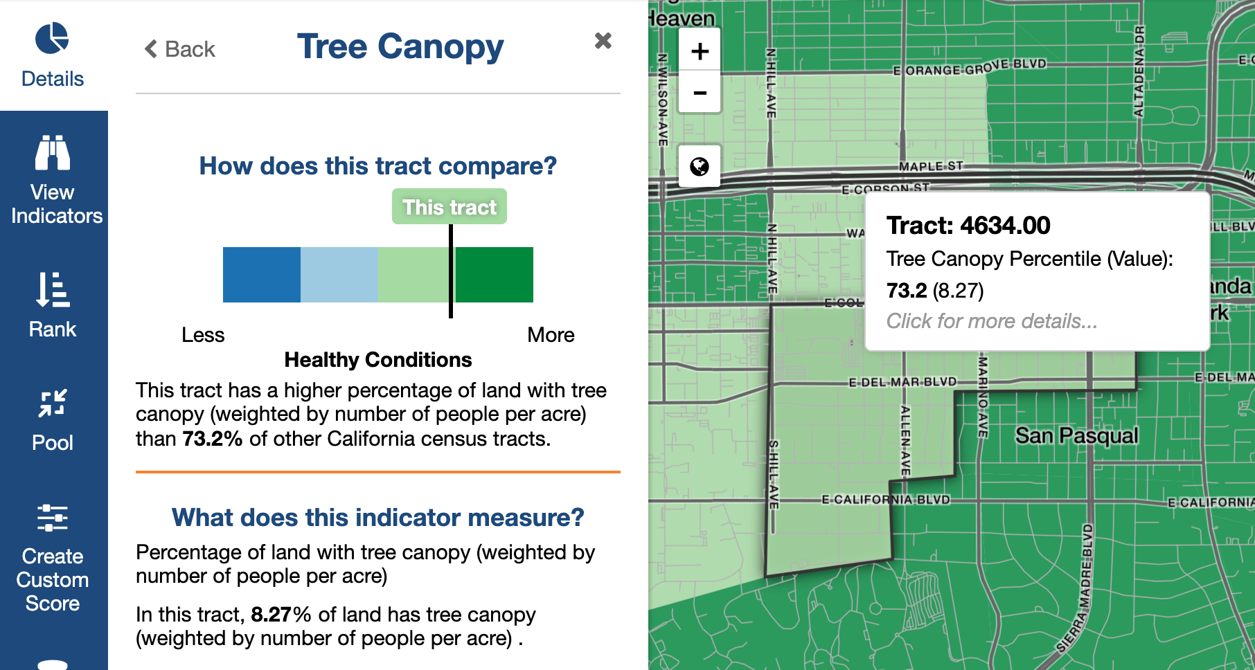Healthy Places Index map showing tree canopy cover data for Pasadena City College